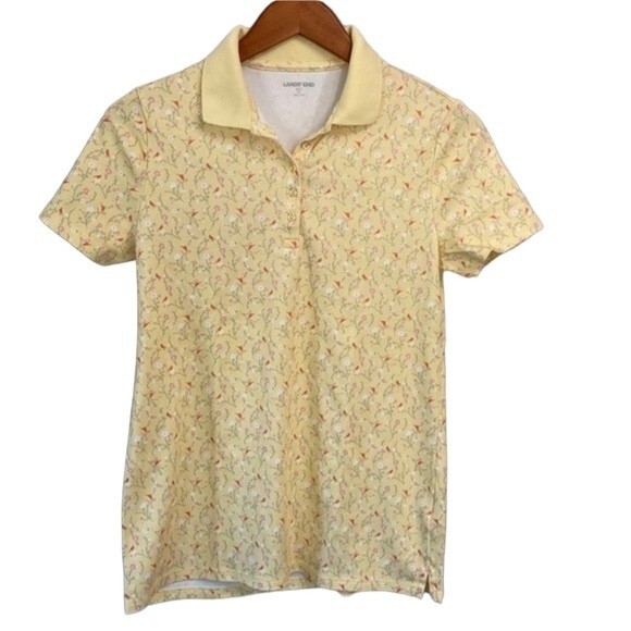 Lands End Didsty Floral Bird Print Short Sleeve Polo Shirt Cotton Stretchy Soft - Picture 1 of 12